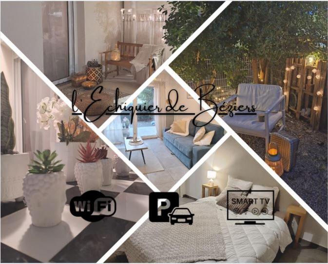 a collage of photos of a living room at L'échiquier de Béziers - T2 déco soigné - Belle terrasse -Parking - Wifi in Béziers