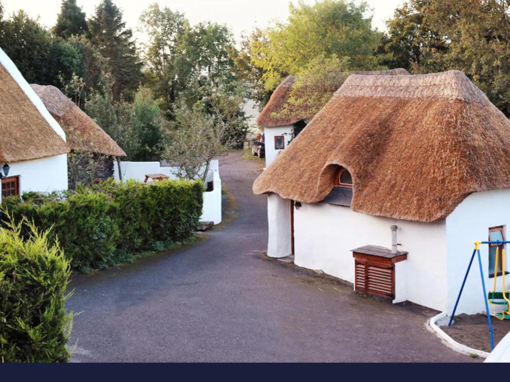 a white house with a thatched roof and a driveway at Selfcatering Apartment in Currahy Bridge