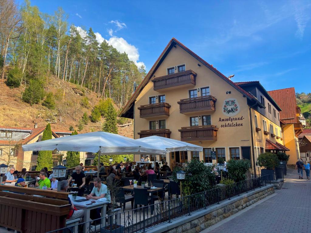 a group of people sitting at tables in front of a building at Hotel Amselgrundschlößchen in Kurort Rathen