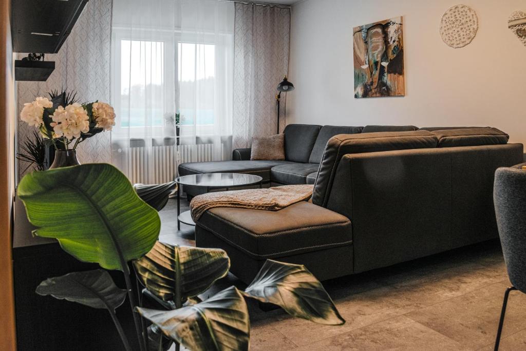 a living room with a couch and a table at Talblick - Apartment Hortensie in Losheim