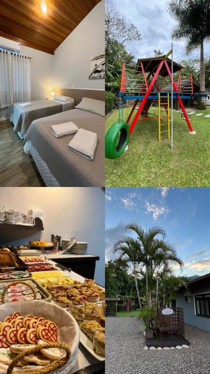 a collage of pictures of a hotel with a playground at Familien Haus Pousada in Pomerode