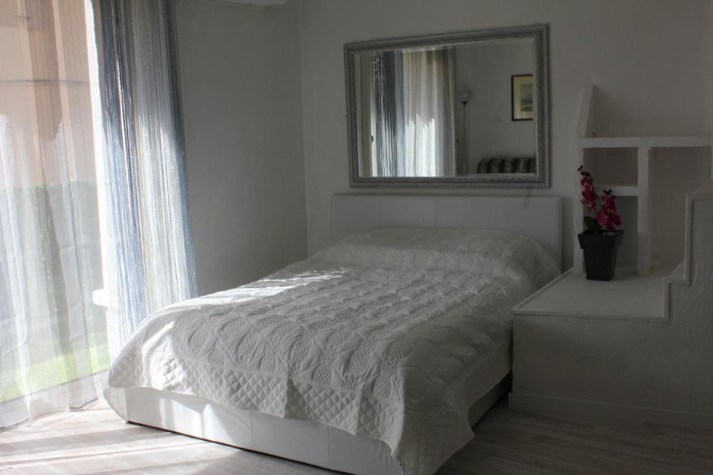 リル・シュル・ラ・ソルギュにあるStudio de charme avec sa terrasse en plein coeur de villeの鏡付きの白い部屋のベッド1台
