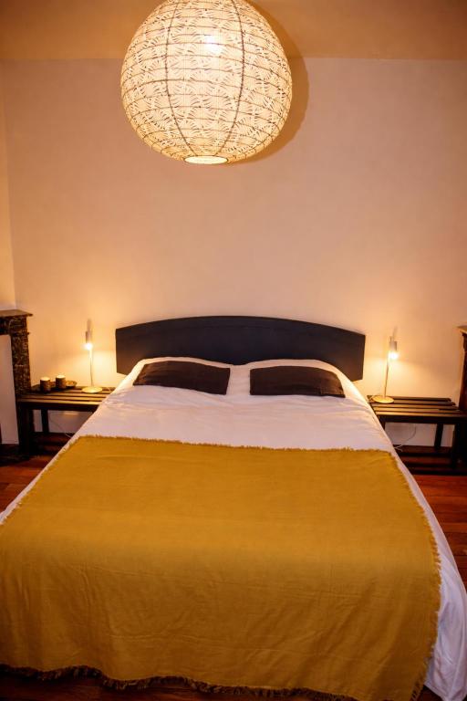 a bedroom with a large bed and a chandelier at Le Pré du Dimanche in Maringues