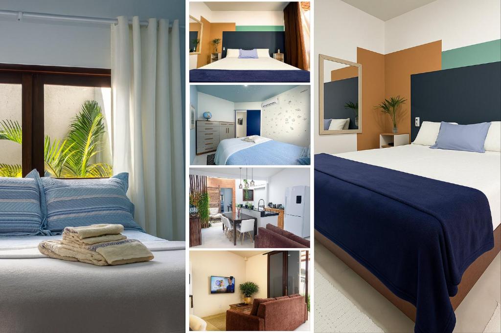 a collage of four photos of a hotel room at Casa Privativa 2 Quartos em Condomínio, Suite com Cama King e Closet, Quarto de Casal, Ar, Wi-Fi, Cozinha Completa e Garagem in Porto Seguro