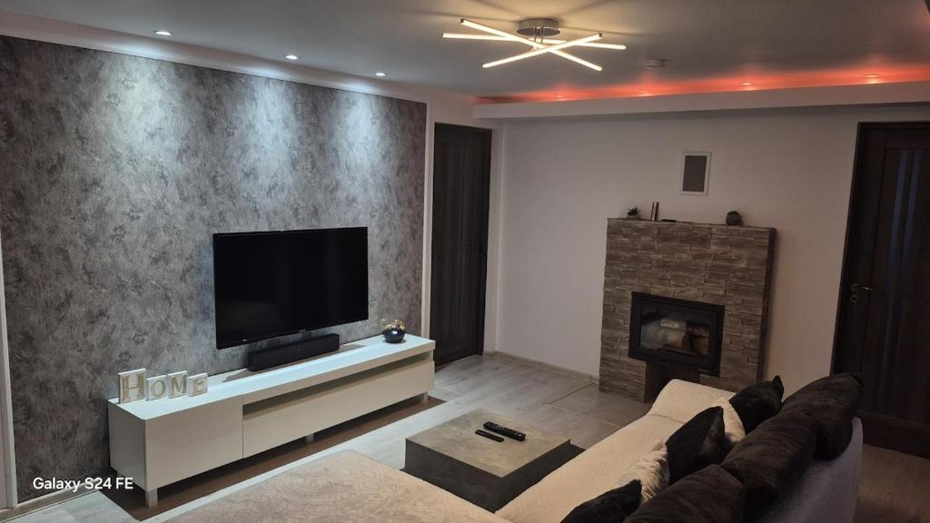 a living room with a couch and a flat screen tv at CosAlpin Apartament in Cîrlibaba