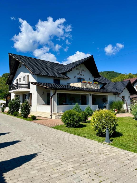 a white building with a black roof at Pensiunea Sub Horiță in Leordina