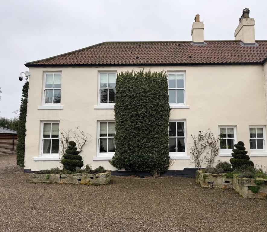 a white house with a large bush in front of it at West Cottage, Free Breakfast supplied with free range eggs With log burner in Towton