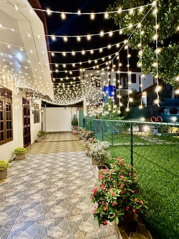 a patio with lights and plants and flowers at Villa La Mama Beruwala in Beruwala