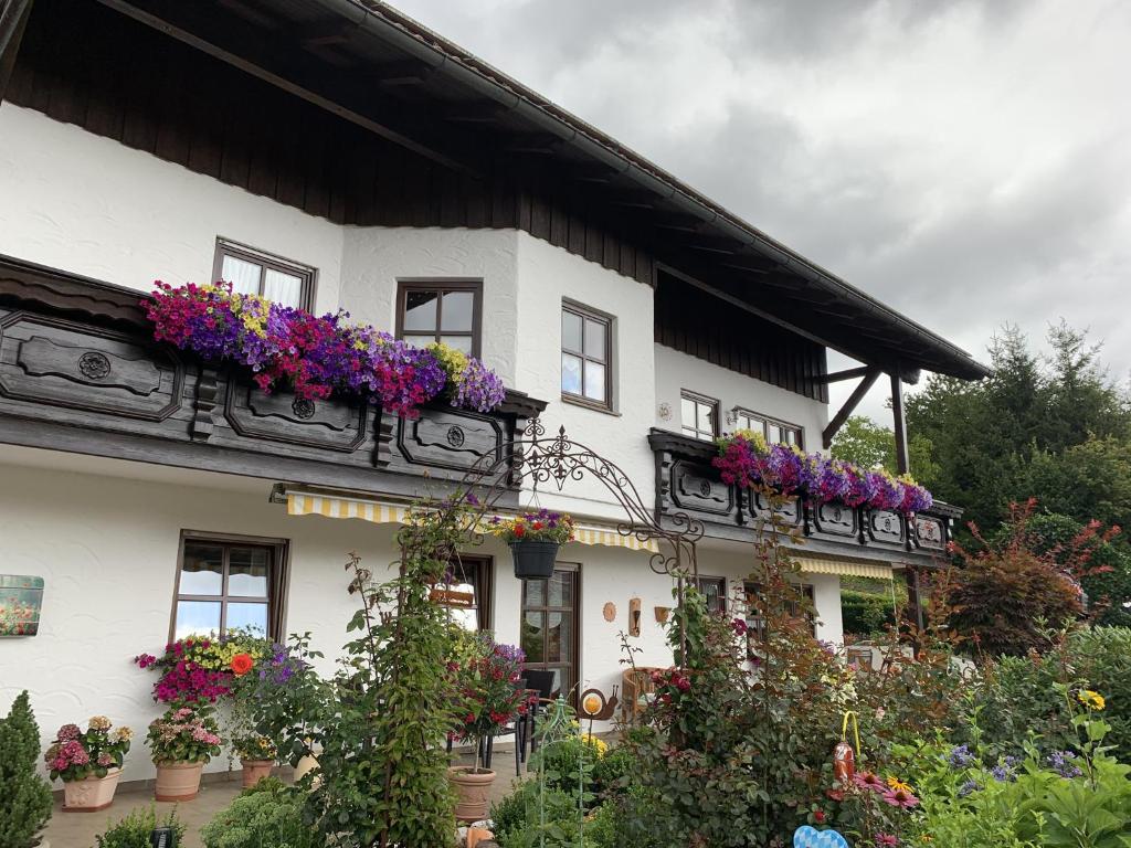 a white building with flower boxes on it at Ferienwohnungen Kasparbauer in Regen