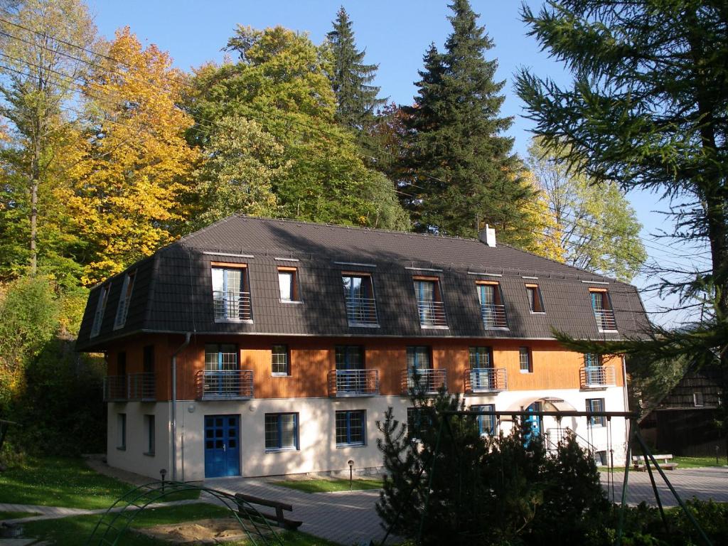 a large house with a black roof at U Konupy in Ober Lindewiese