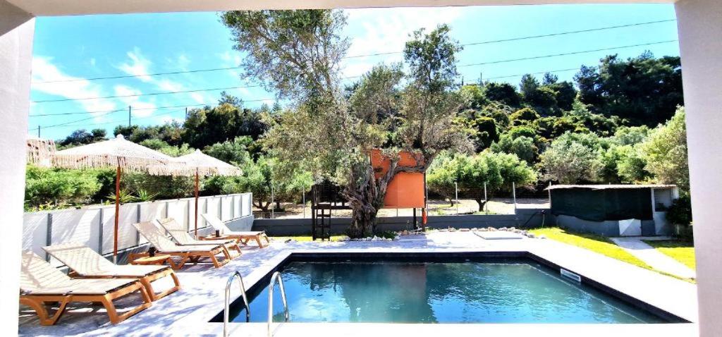 a swimming pool with two lounge chairs and a table at Casa Fountain Villa in Kolymbia