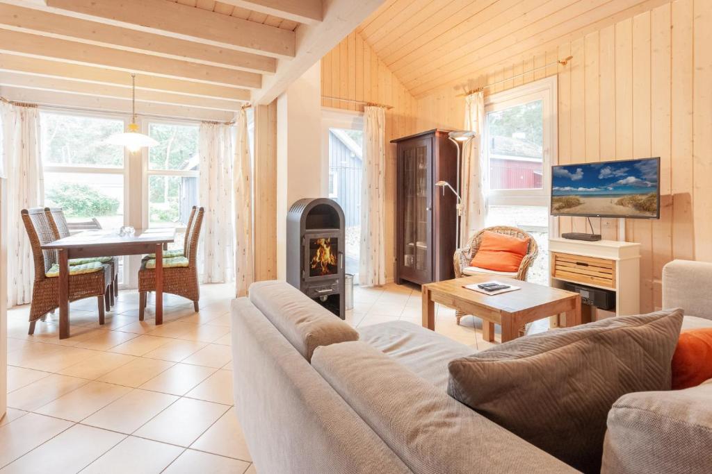 a living room with a couch and a fireplace at Sekobbe 218 - Baabe in Baabe