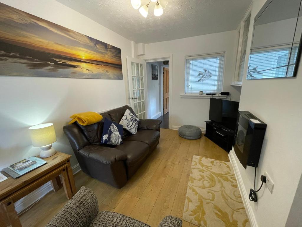 a living room with a leather couch and a television at Trout Cottage in Filey