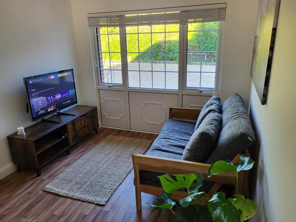 a living room with a couch and a television at Little Brookfield in Lymington