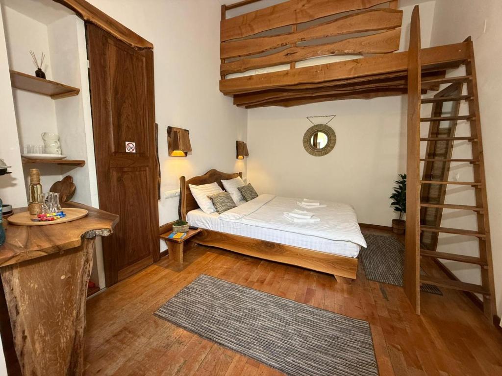 a bedroom with a bunk bed and a ladder at Vista Rustic Room in Sibiu