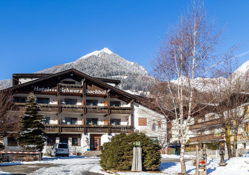 a hotel in the snow with a mountain in the background at Hotel Schwarzbachhof in Lutago
