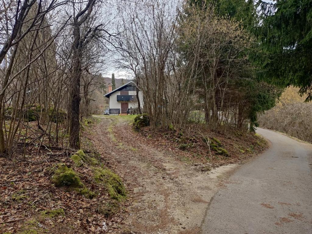 a dirt road with trees and a house in the background at Uskočki san in Sošice