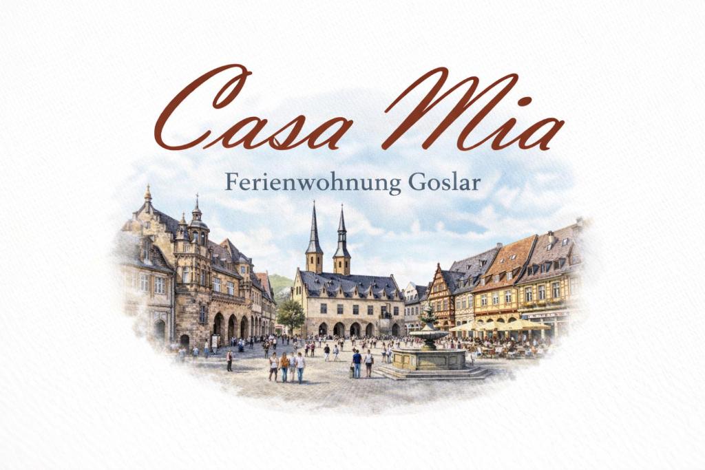a watercolor drawing of a city square in caza mila featuring people at Casa Mia in Goslar