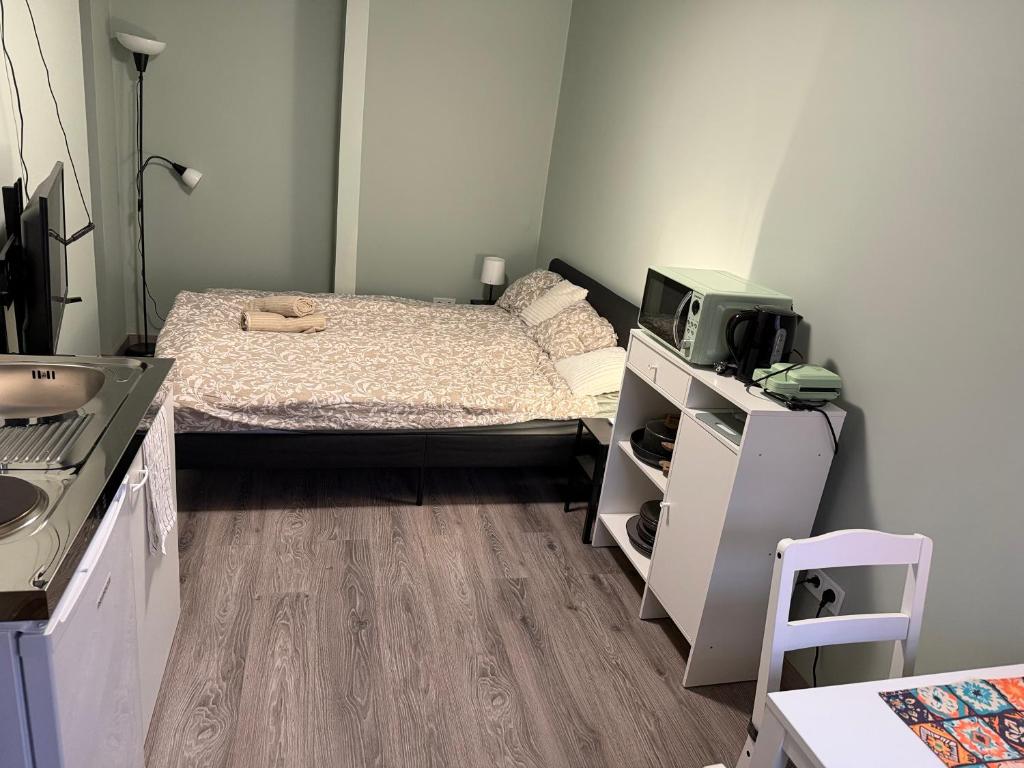 a small room with a bed and a kitchen at La Casa de Nido - Mini Studio in Veszprémfajsz