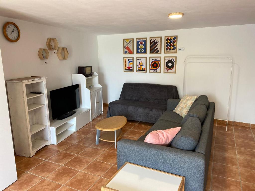 a living room with a couch and a tv at La Novelera in Echedo