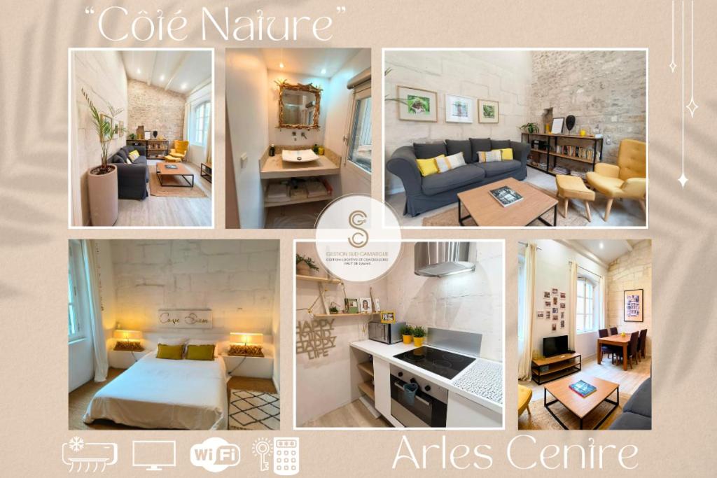 a collage of photos of a living room and a suite at Coté Nature Arles Centre in Arles