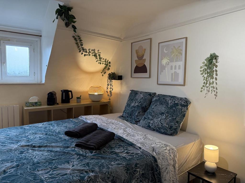 a bedroom with a bed with two pillows on it at Le Studio Dunois in Châteaudun