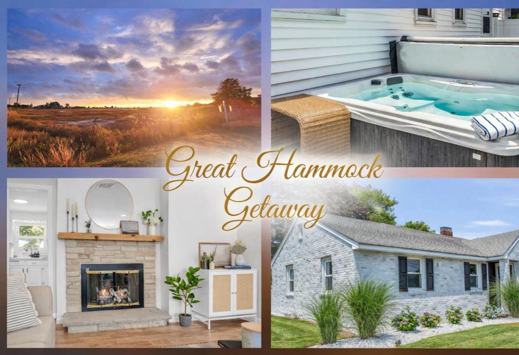 a collage of photos of a house with a hot tub at Great Hammock Getaway in Old Saybrook
