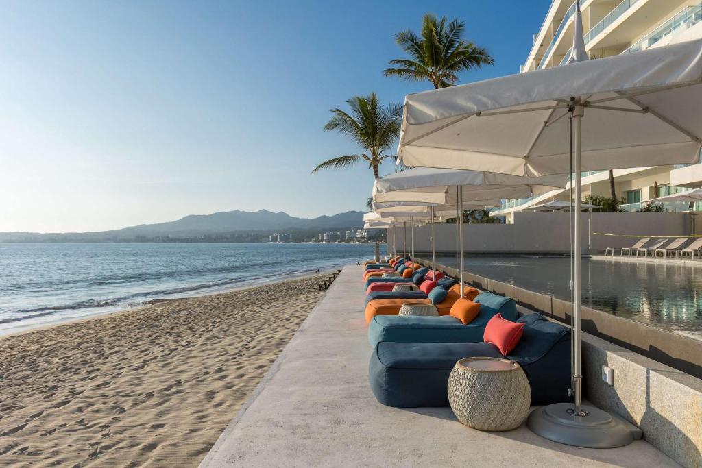 a row of lounge chairs on the beach at UDARA - Beachfront Condos in Golden Zone with Rooftop in Bucerías