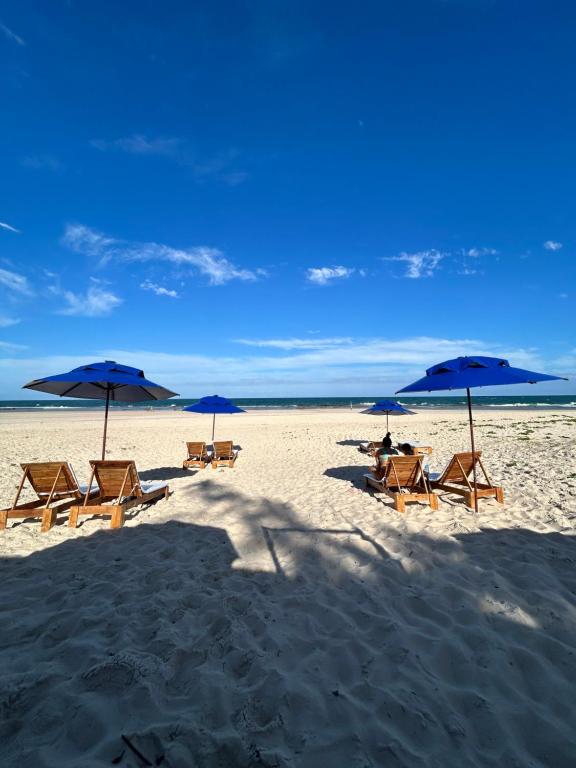 a group of chairs and umbrellas on a beach at Pousada Ventoria in Canguaretama