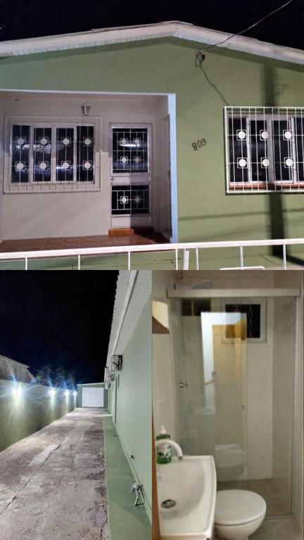 two pictures of a bathroom with a toilet and a sink at Pousada Pampeano in São Gabriel