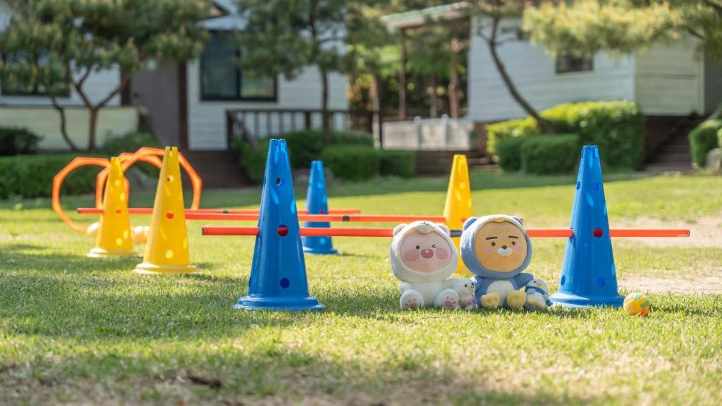 two toys are sitting in front of a playground at Pocheon luxjay pet Pension in Pocheon