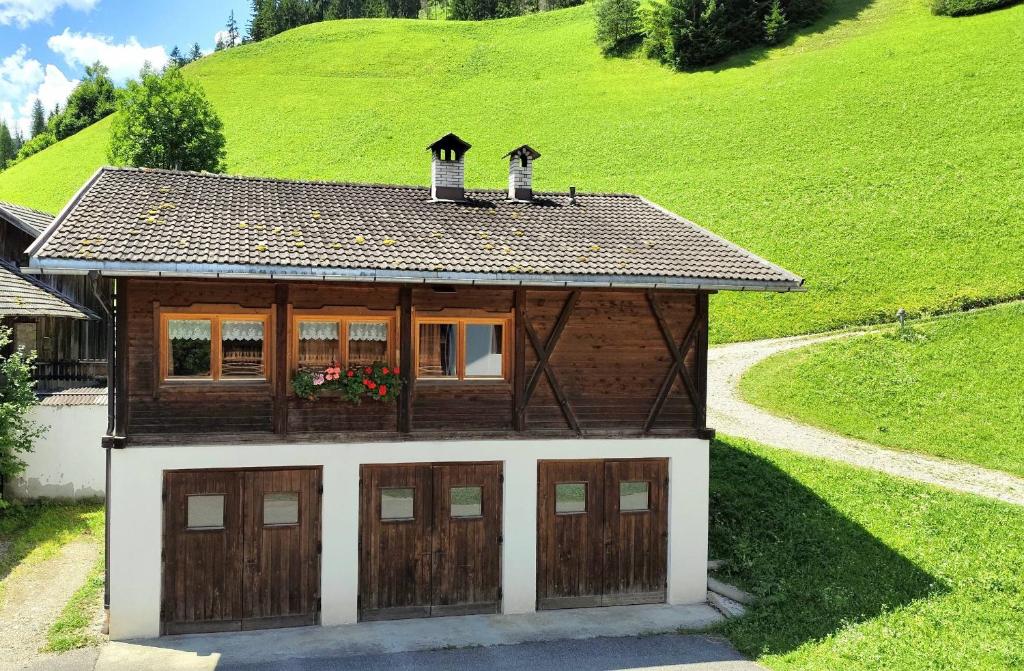 a small house with brown doors and a green hill at Almliesl THUR-746 in Lovara