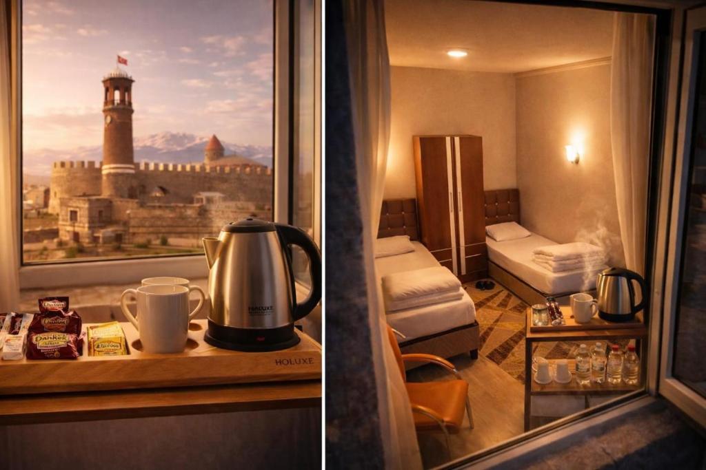 a hotel room with a view of a lighthouse at Arı Otel in Erzurum