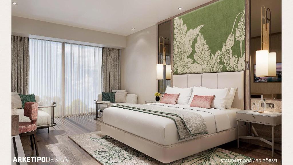 a bedroom with a large white bed and a desk at Sinnada Resort & Thermaland in Afyon