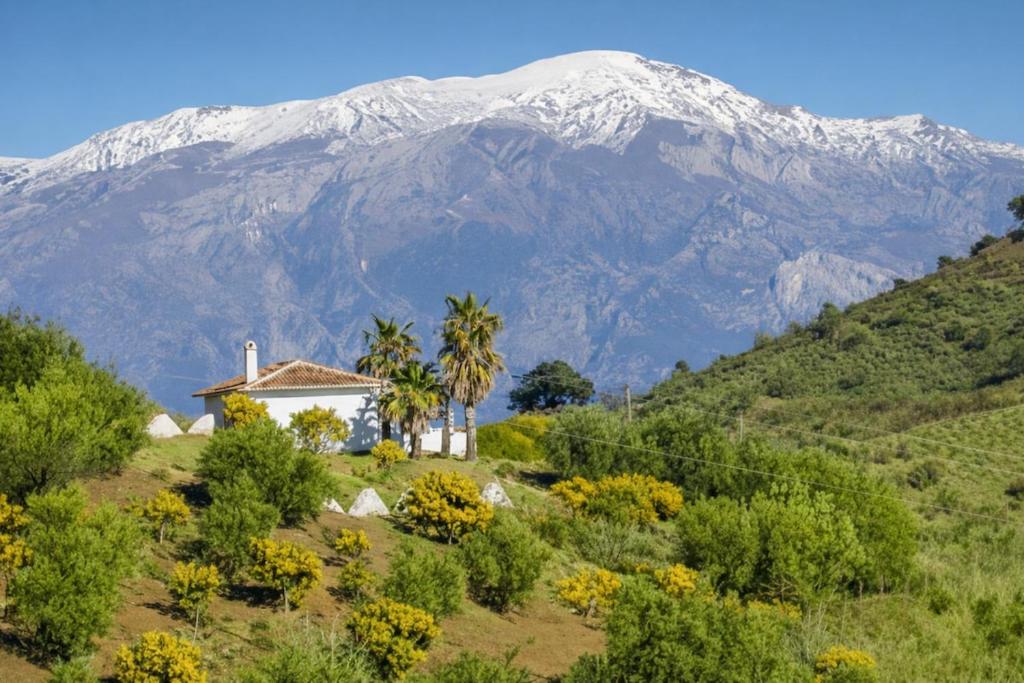 a house on a hill with a snow covered mountain at Casa NATHIUM - Lujo Rural - Pooltina - Bbq - 4P - Vistas - Relax - Estrellas in Borge