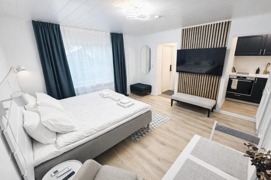 a living room with a bed and a kitchen at Katariina Apartments in Kotka
