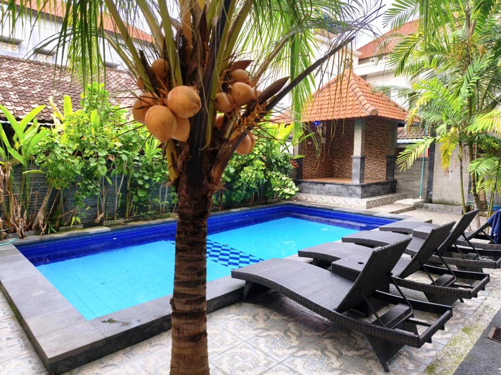 a palm tree with lounge chairs next to a swimming pool at Jepun Segara Guest House in Kuta