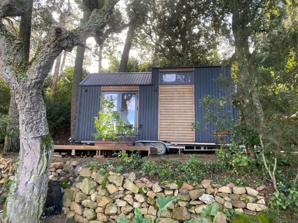 ein kleines Haus auf einem Anhänger im Wald in der Unterkunft Tiny Clariana by Tiny Away in Palafolls