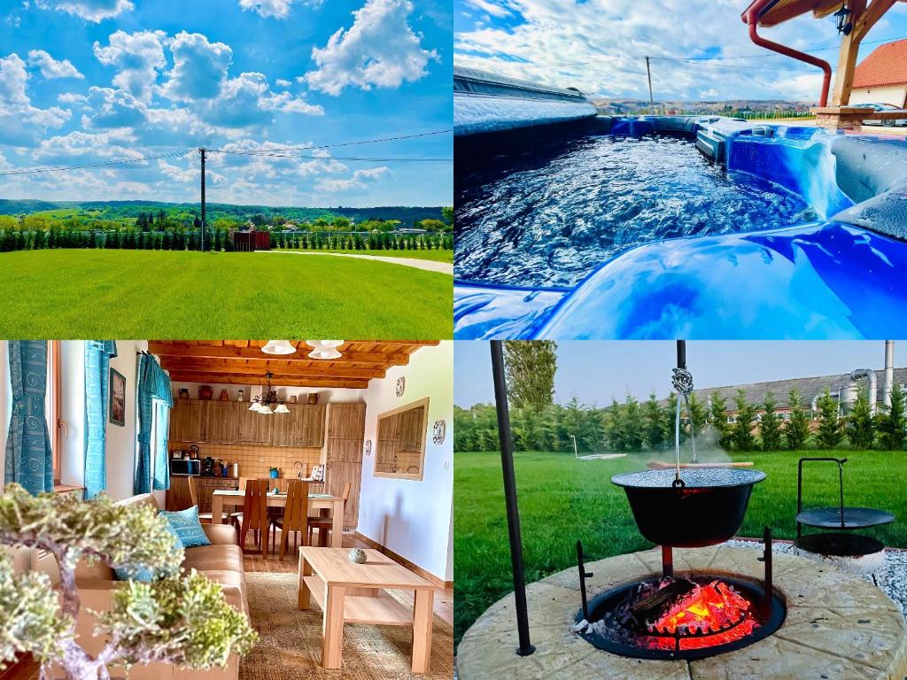 a collage of pictures of a house with a fire pit at Csigevár Birtok in Balatonendréd