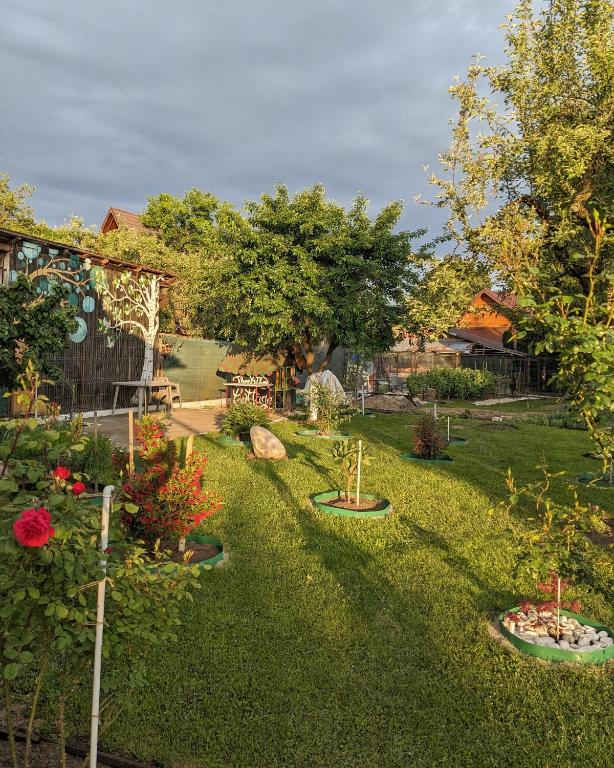 a garden with trees and flowers in a yard at Thee&Thou Cottage in Breaza
