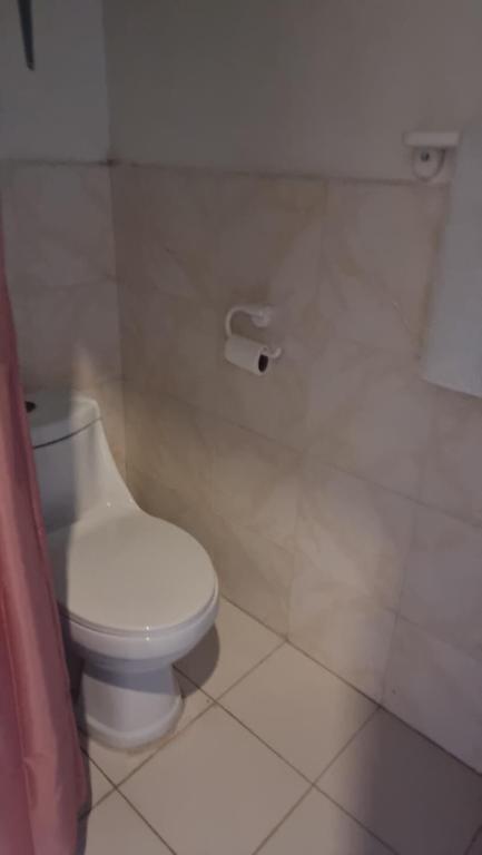 a bathroom with a white toilet and a shower at Penoria's lodge kubo in Mambajao