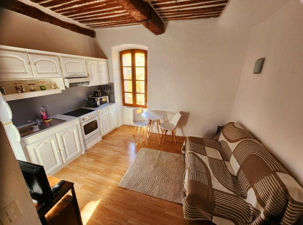 salon z kanapą i kuchnią w obiekcie French Cocoon w mieście Fayence