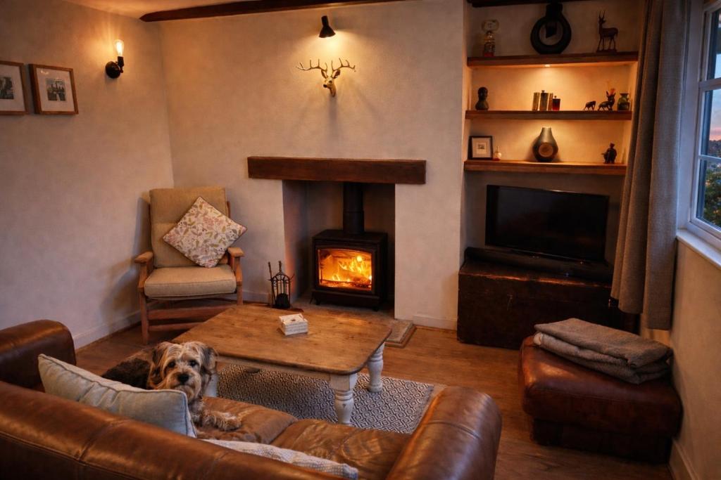 a dog laying on a couch in a living room with a fireplace at Cosy Flint Cottage in Eastbourne