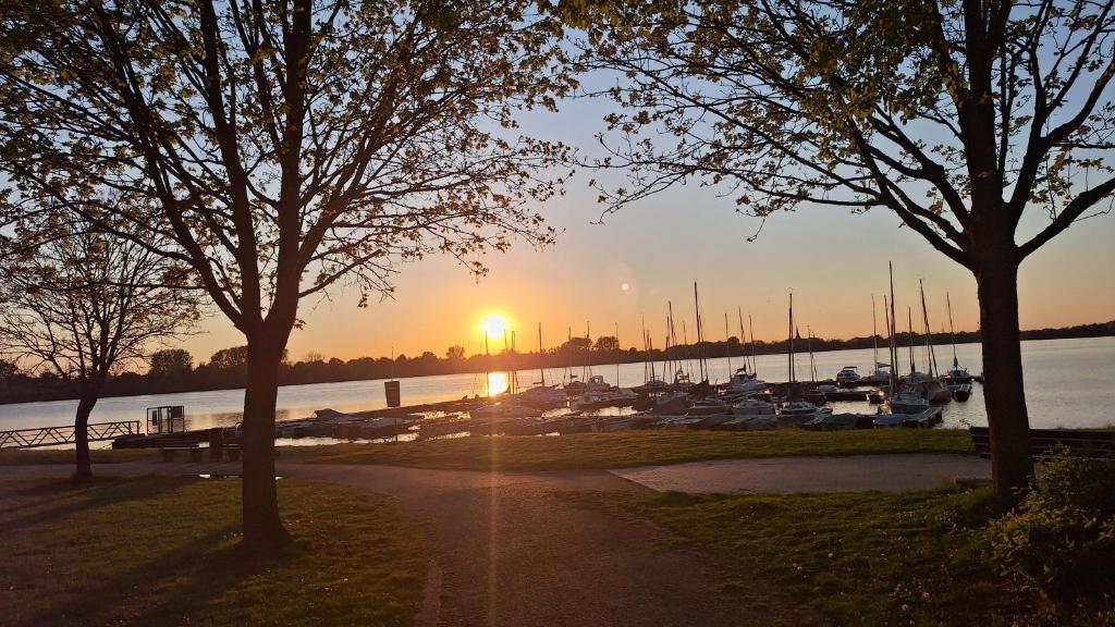 a sunset over a marina with boats in the water at Parva Domus XL in Xanten