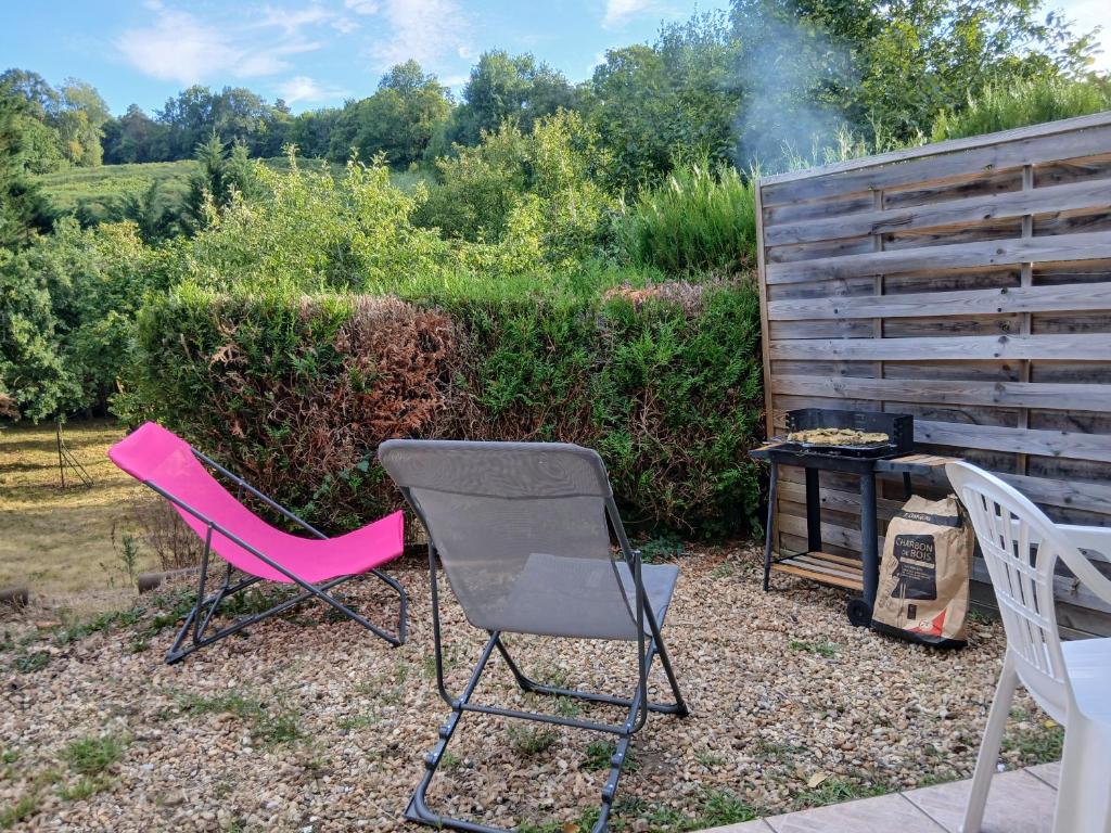 two chairs and a grill in a yard at Studio meublé au vert - 3km de Périgueux in Boulazac
