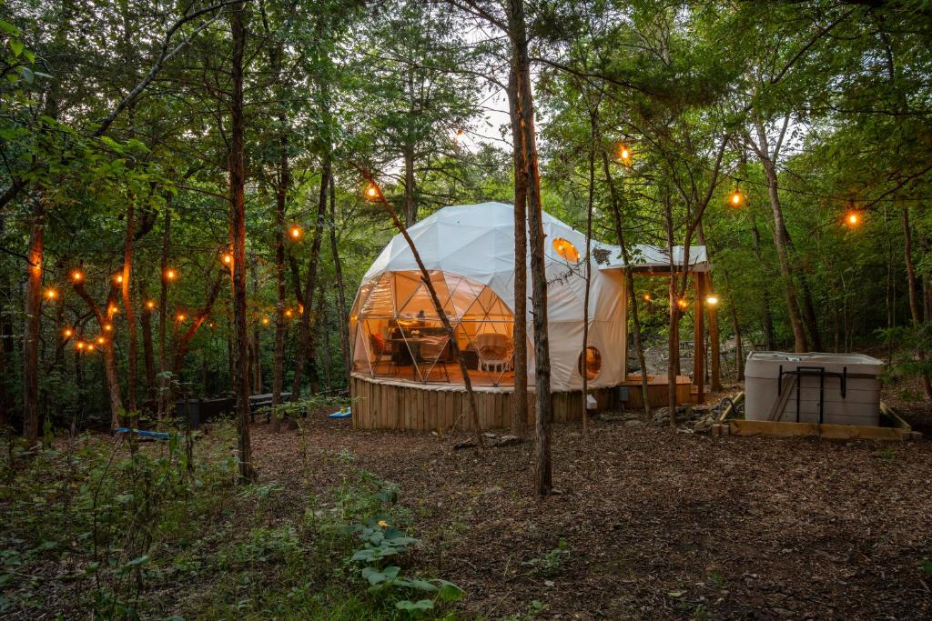 a tent in the middle of a forest with lights at Campfire Hollow in Eagle Rock