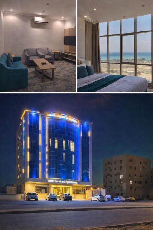 a hotel with blue lights on the side of a building at همم للشقق المخدومة أملج-HMM Appartment Service in Umm Lajj