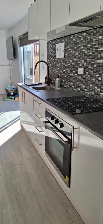 a kitchen with a sink and a stove at Holly's Flat Close to Ferry And EV in Wellington