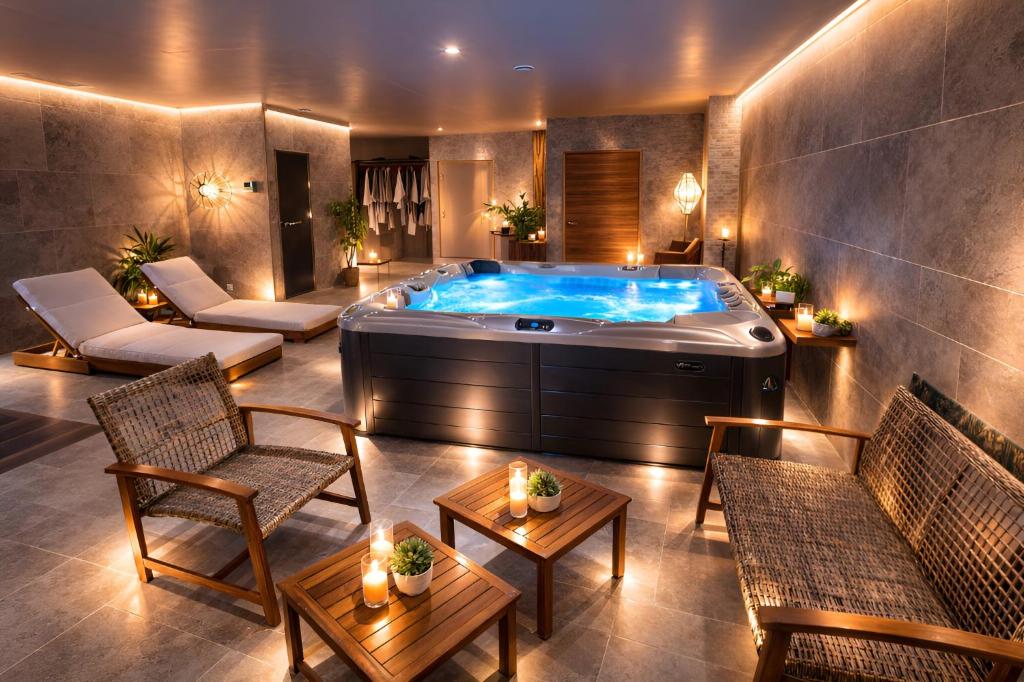 a jacuzzi tub in a room with chairs and tables at ExSPArience Private Spa Suite in Poitiers