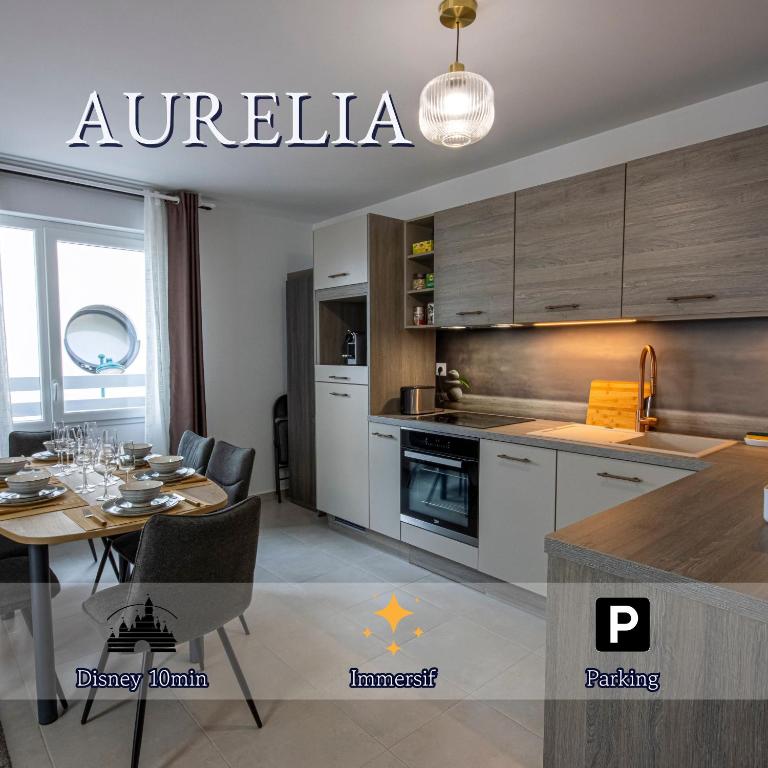 a kitchen with a table and a dining room at Aurelia - Cosy & Chic - 10min Disney - by Cosynousvoici in Chessy